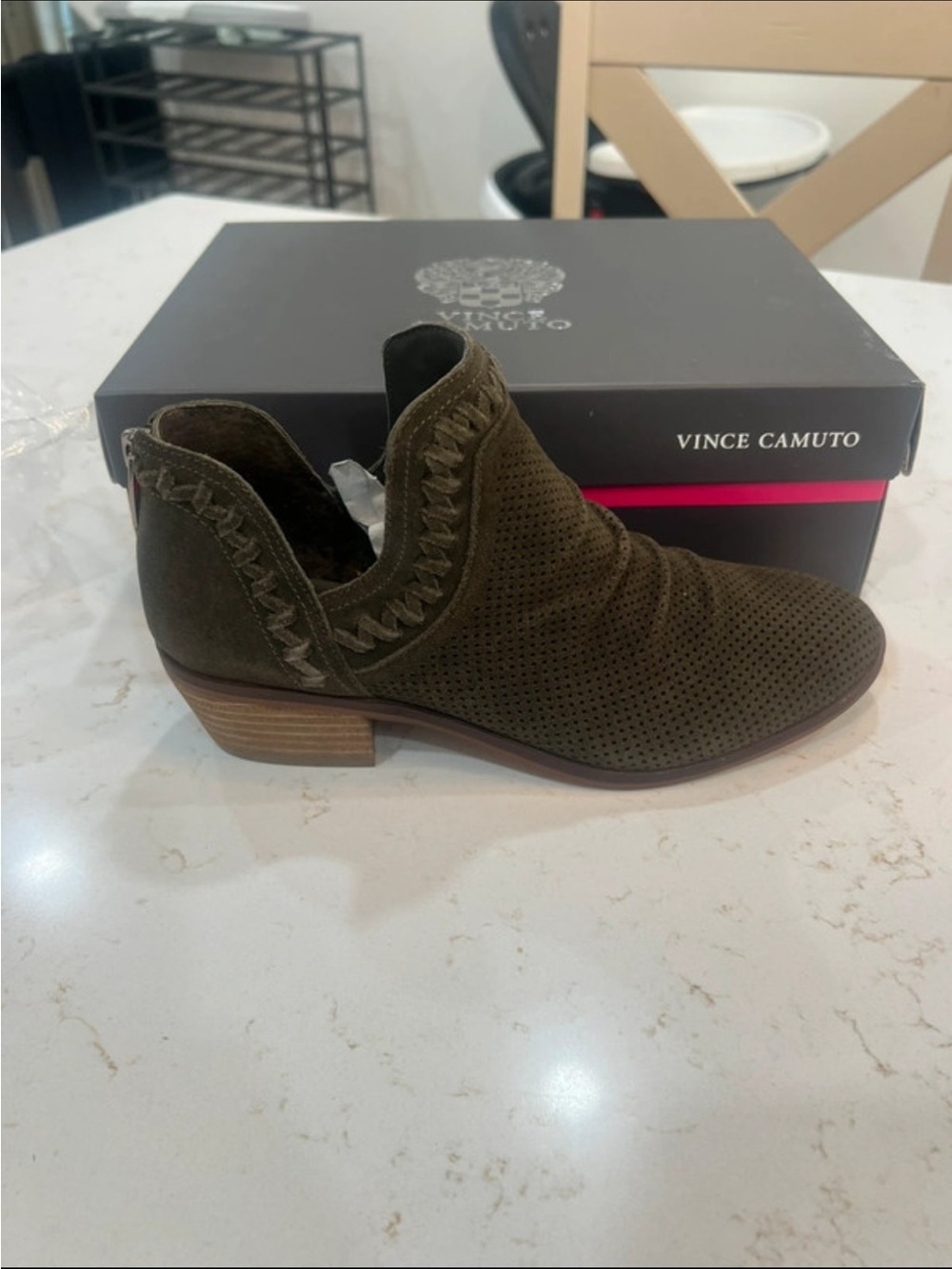 Vince Camuto Palmina Olive Perforated Suede Ankle Bootie with Braided Trim